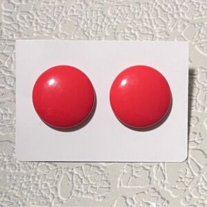 Vintage Red/Coral Hollow Metal Enamel Button Post Pierced Earrings